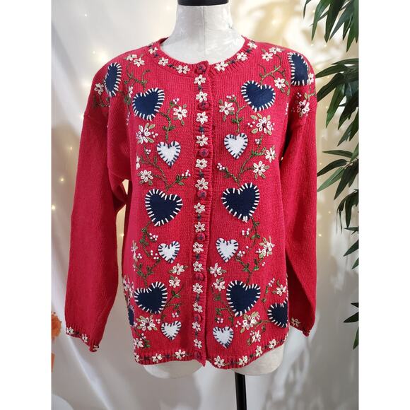 Vtg Heirloom Collectibles Embroidered Knit Heart Button Cardigan Sweater Size L - Picture 1 of 10